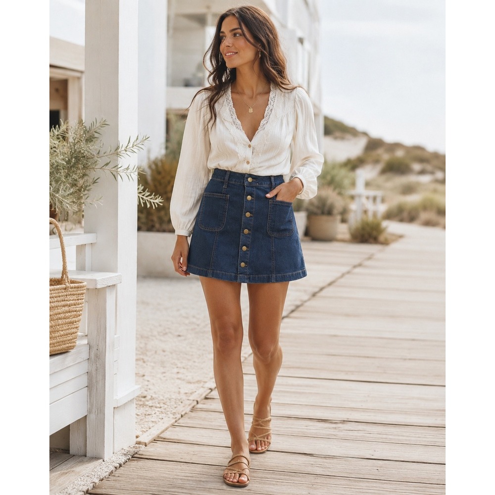 Altar'd State Denim Button Front Mini Skirt Blue S Boho